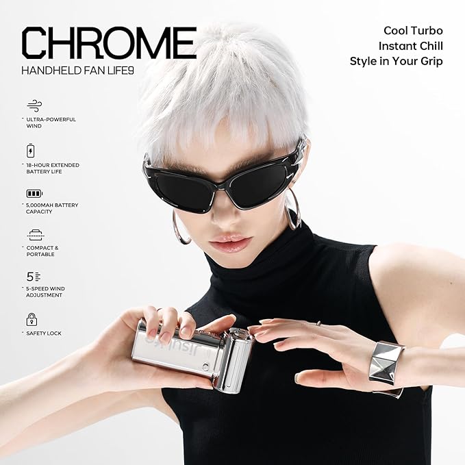JISULIFE Portable Handheld Fan, Turbo Power High Speed Air [22H Max Cooling Time], 5 Gear Wind, 5000mAh Rechargeable, Mini Pocket Design, Personal Fan for Travel Concerts Camping Makeup - Chrome
