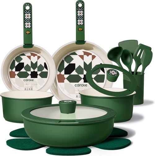 CAROTE 19-Piece Ceramic Cookware Set - Non-Stick, Non-Toxic, Detachable Handle, Induction & Dishwasher Safe, Green