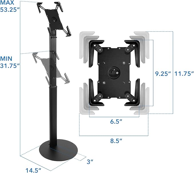 Mount-It! Anti-Theft Universal Tablet Floor Stand Kiosk, Locking Enclosure for iPad, Galaxy Tab & Surface Pro 9.7"–13.1", Height Adjustable 27.5"–47", Commercial Kiosk Stand, Black