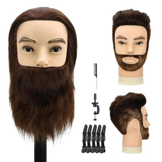 Male Mannequin Head,Training Head with 100% Human Hair 12inch Barber Mannequin Head Male Mannequin Head With Beard for Hair Styling, Practicing Cut Styling（With Beard, Brown）