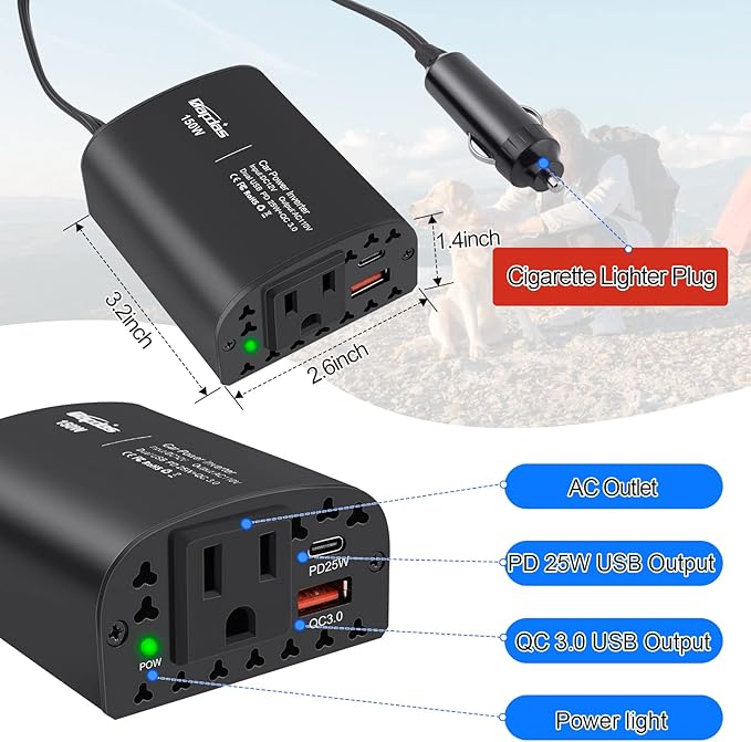 Bapdas 150W Car Power Inverter DC 12V to 110V AC Car Adapter for Plug Outlet with PD 25W &QC3.0 USB Ports Car Charger Adapter