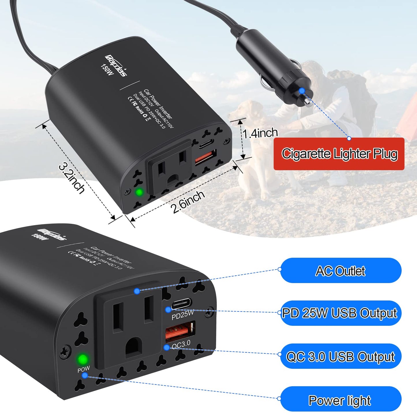 Bapdas 150W Car Power Inverter DC 12V to 110V AC Car Adapter for Plug Outlet with PD 25W &QC3.0 USB Ports Car Charger Adapter