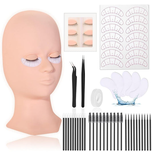 Lash Extension Practice Kit, Eyelash Extension Training Kit for Beginners, Professional Eyelash Mannequin Head Set with Lash Fan, Lash Shampoo, Glue Rings and Lash Mirror (Lashes Kit-with eye)