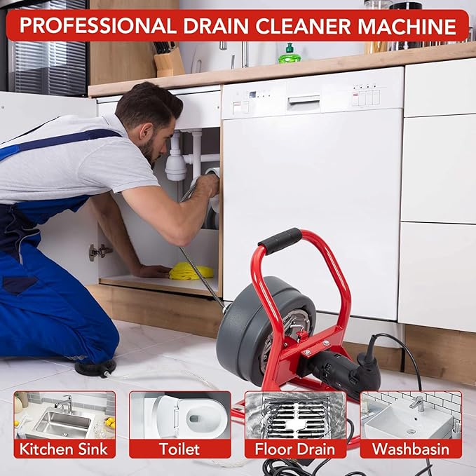 GARVEE Drain Cleaner Machine, 50 ft X 5/16 in Professional Automatic Electric Drain Auger for 3/4 to 3 in Pipes, Portable Electric Drain Snake with 6 Cutters & Foot Switch and Pair of Gloves