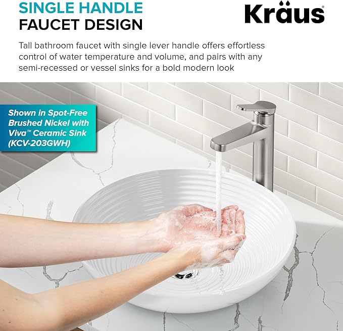KRAUS Indy Bathroom Faucet for Vessel Sink in Chrome with Single Handle, Pop Up Drain and Supply Lines, KVF-1410CH