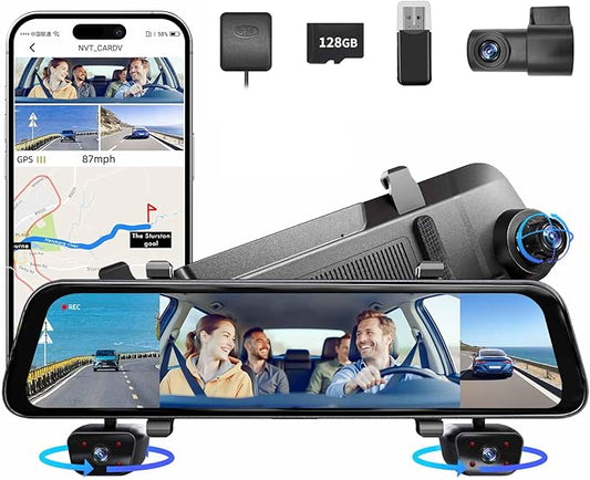 2026 12'' Mirror Dash Cam 4 Channel, Touch Screen Rear View Mirror Camera for Cars,1080Px4 Dashcam Front Rear Inside, IR Night Vision,WiFi,APP,GPS, 24/7 Recording Parking Monitor,Free 128GB SD