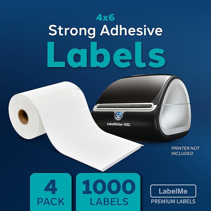 LabelMe 4x6 Thermal Labels Roll - Compatible with Dymo 4XL or Rollo 4x6, Perforated Strong Adhesive, Replaces Dymo 1744907, 250 Per Roll (4 Rolls | 1000 Labels)
