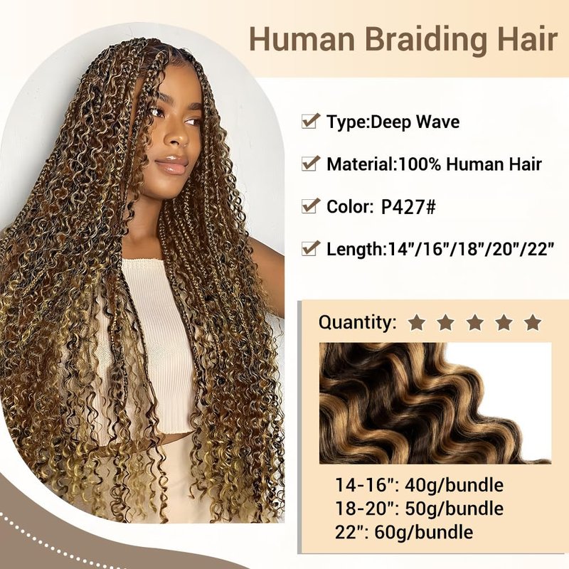 Human Braiding Hair for Boho Knotless Braids 1 Bundle 18 Inches 50g Deep Wave Bulk Human Hair for Braiding Hair Wet and Wavy 10A Brazilian Virgin Human Hair Balayage Brown to Blonde 4P27