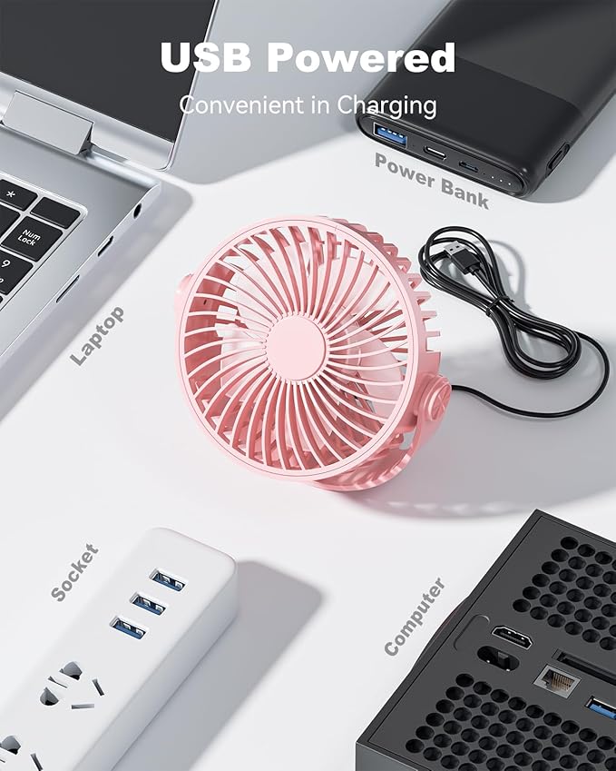Edvision USB Desk Fan, 5 Inch Mini Portable, 3 Speeds Strong Airflow Personal Desktop, Detachable Cooling Fan 360° Rotation Quiet Small Fan for Desk Home Office Travel Car, Pink, 5ft Cable