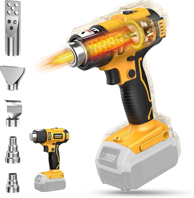 LIVOWALNY Cordless Heat Gun Compatible with Dewalt 20v Battery (Tool Only), 350W Fast Heating Soldering Hot Air Gun 122℉-1022℉ Variable Temperature Control with 5 Nozzles for DIY Craft, Shrink Tubing