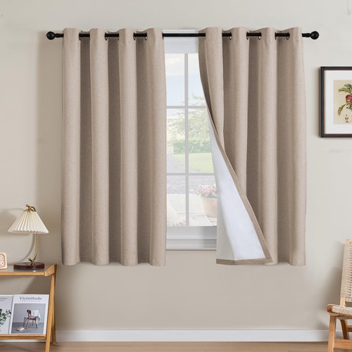 H.VERSAILTEX Linen Curtains 100% Blackout Curtains for Bedroom 54 inch Long Full Light Blocking Nature Linen Blended Window Curtains for Living Room Nickel Grommet (2 Panels, Heathered Sand)