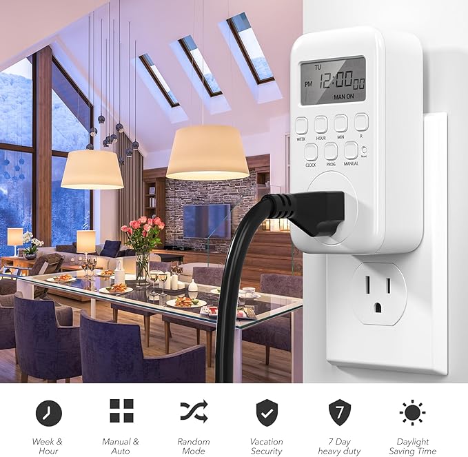 BN-LINK Indoor Digital Timer Outlet, Single Outlet 7 Day Programmable Light Switch, 3 Prong Plug in Timers for Electrical Outlets, Lamps, Fans, 8 On/Off Programs, 1 Pack, 15A/1875W, ETL Listed