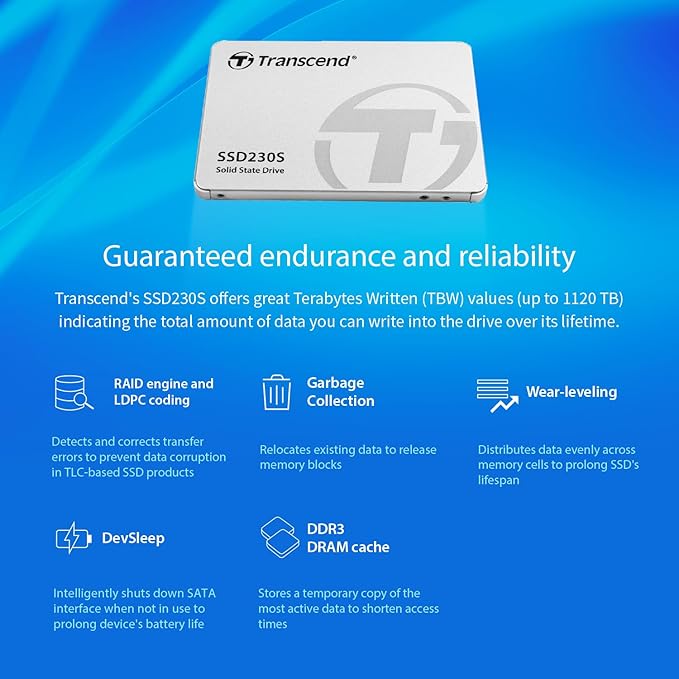 Transcend SSD230 2TB 2.5" SATA III 6Gb/s Internal SSD with DRAM, Up to 560MB/s, for PS4/ PCs, Laptops/Desktops/Notebooks, 3D TLC Internal Solid State Drive with SLC Cache, RAID Engine, LDPC Coding