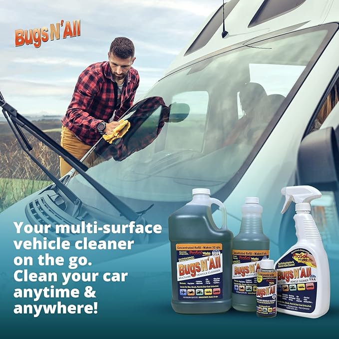 Bugs Nâ All Multipurpose Car Cleaner & Degreaser - Bug & Tar Remover Concentrate 1 Gallon - Exterior Cleaner Safe for Car Paint, Metal, Chrome, Aluminum, Windows & Mirrors - w/Free 32 oz Spray Bottle