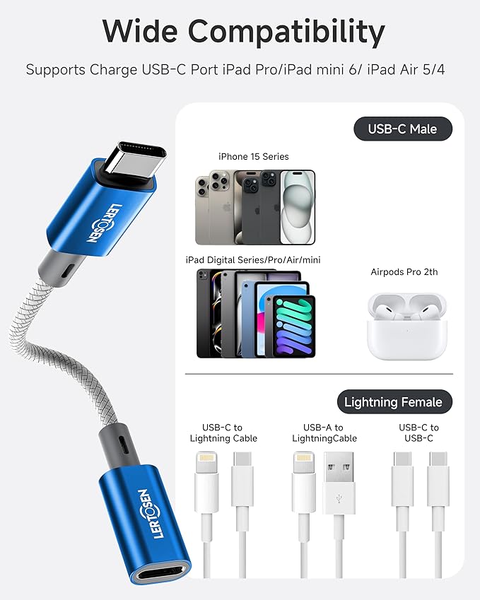 2 Pack Lightning to USB C Adapter, Fast Charging & Data Sync Adapter for iPhone 17 16 15 Pro Max Plus to USB-C, Compatible with Samsung S25/S24/S23, Not for Audio/OTG (Blue)