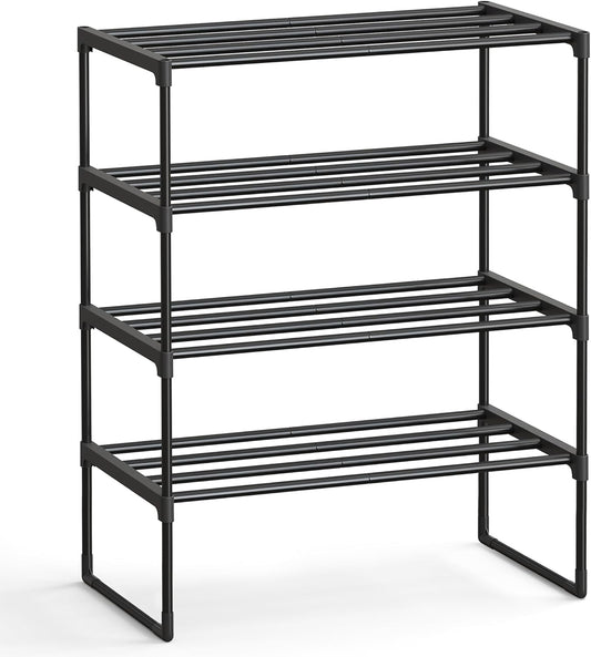 SONGMICS 4-Tier Shoe Rack - Stackable Metal Organizer for 10-15 Pairs | Black, 11.8 x 26.8 x 28.4 Inches