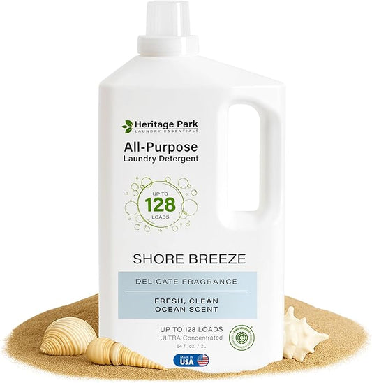 Heritage Park Luxury Laundry Detergent | Dermatologist Tested Plant based Natural & Enzyme Laundry Detergent | Sensitive Skin Friendly - Shore Breeze (64 fl oz)