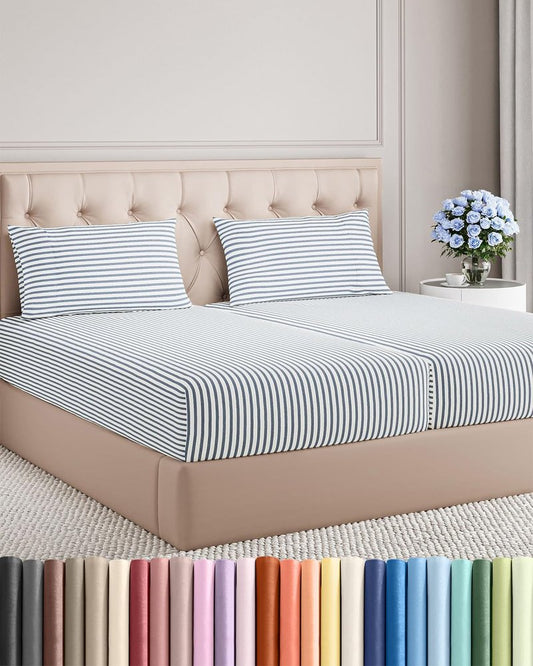 Split King Size 5 Piece Sheet Set - Comfy Breathable & Cooling Bed Sheets Set - Hotel Luxury Bedding for Women, Men, Kids, Teens, Boys & Girls - Deep Pockets & Wrinkle Free - Oeko-Tex - Blue Stripes 2