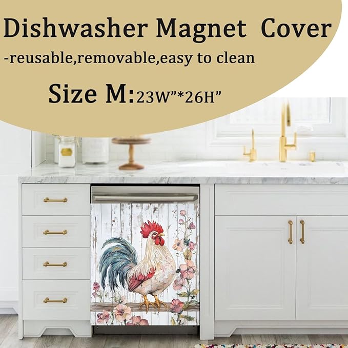 Generic Country Rooster Dishwasher Magnet Cover, Rustic Flowers Magnetic Refrigerator Panel Decals Farmhouse Chicken Floral Decorative Wood Grain Magnet Stickers Home Seasons Decor,23x26 in