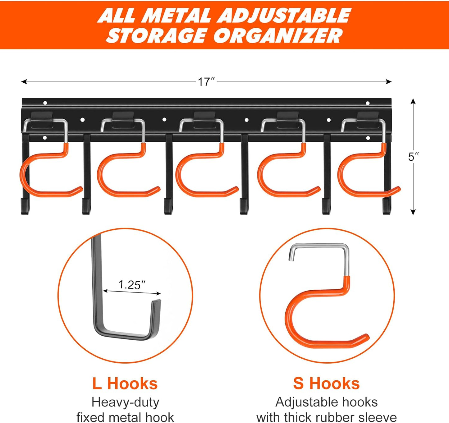 TVKB 17" All Metal Garden Tool Organizer - Adjustable Wall Mount Storage with Heavy-Duty Hooks