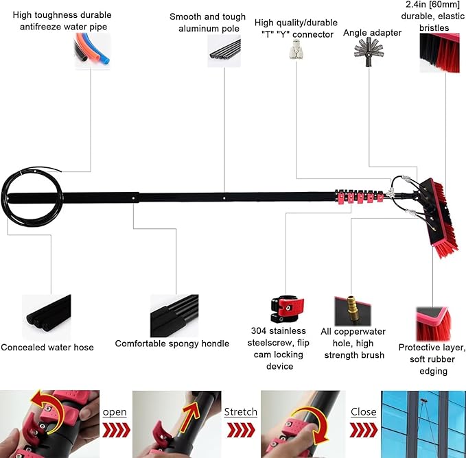 Water Fed Pole, Outdoor Window Window Cleaning Tool (Glass, Solar Panel, Etc.) Professional 3-in-1 Kit: Scrubber Brush W/Spray Washer Window Squeegee 7.2Rod Length 30brush