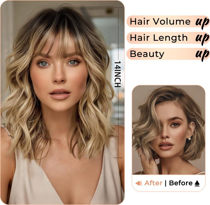 Hair Toppers for Women - 14 Inch 360° 3D Synthetic Curly Wavy Clip-In Bangs | Coffee Brown