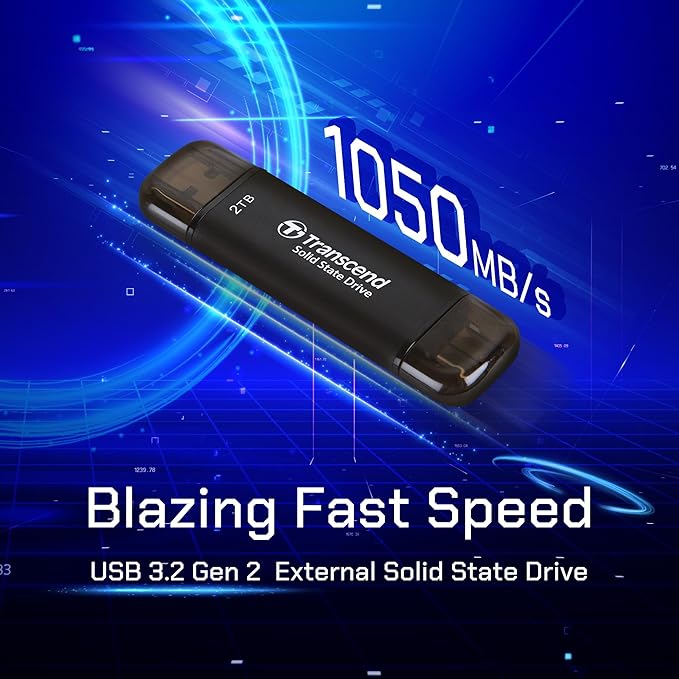 Transcend ESD310 1TB External SSD, Up to 1,050MB/s, Dual USB Drive for iPhone17,16,15, iPad&Mac/Pixel10/Tesla/Steam Deck/ROG Ally/MSI Claw/Android/PS5, 2-in-1 Type C &A, USB 3.2 Gen2 Portable SSD