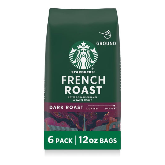 Starbucks Ground Coffee, Dark Roast Hot or Iced Coffee, French Roast, Six 12 oz Bags