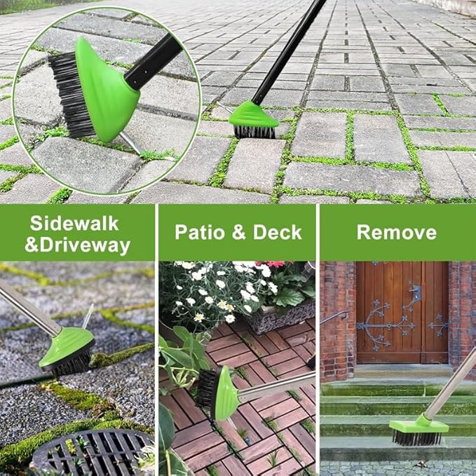 3-in-1 Weed Brush Tool Set, Adjustable Long Handle Crack Weeder & Moss Remover for Driveway, Patio, Sidewalk - Stainless Steel Crevice Cleaning Kit (2 Sets)