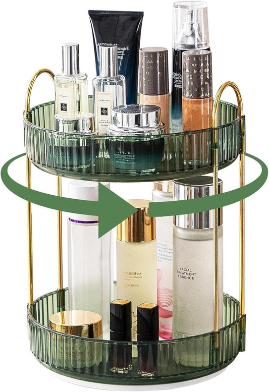 Makeup Organizer for Vanity, 360° Rotating Bathroom Organizer Countertop, High-Capacity Skincare Organizer, Spinning Cosmetics Organizer for Dresser Countertop (2 Tiers, Green)