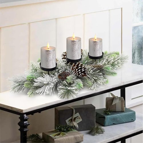 Flocked Pine Needles Christmas Table Centerpiece by [Brand Name] - 27.5 Inch with Frosted Pine Cones | Snowy Design