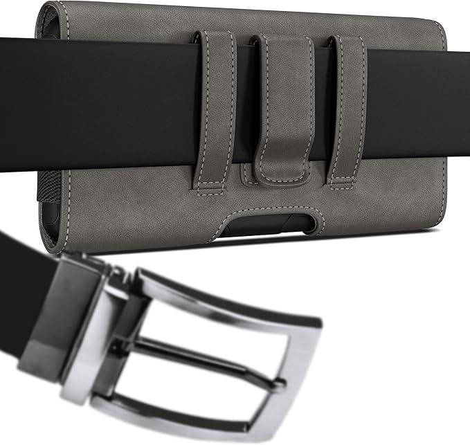 BOMEA Case for Large iPhone Plus, Pro Max 16 15 14 13 12 11 XS, Samsung Galaxy S25+ S24+ S23+ S22+ S21+, Cell Phone Belt Holster Clip, ID Card Holder Pouch, Fits with Case On, Pewter Large