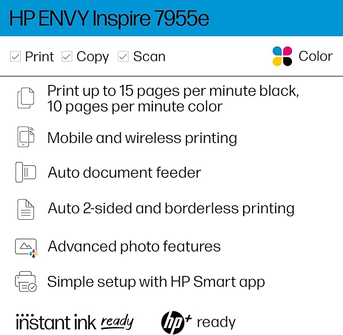 HP Envy Inspire 7955e Wireless Color Inkjet Printer, Print, scan, copy, Easy setup, Mobile printing, Best-for-home, 3 month Instant Ink trial included, AI-enabled (1W2Y8A)