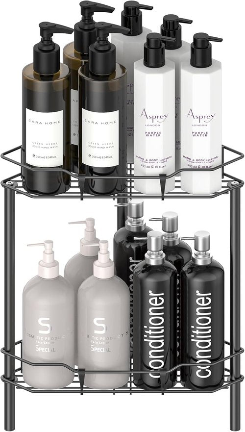 HuggieGems 2-Tier Floor Standing Corner Shower Caddy Organizer - Matte Black Bathroom Shelf with Hooks