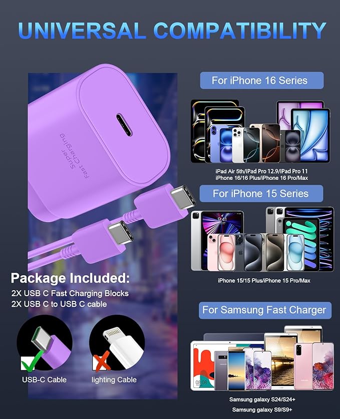 Phone 17 16 15 Charger Fast Charging,30W USB C Phone 17 16 15 Pro Max Charger Block &10FT Long Type C Cable Cord for i.Phone 17/17 Air/17 Pro/17 Pro Max/16/16 Plus/16 Pro Max/15/15 Pro Max,Purple
