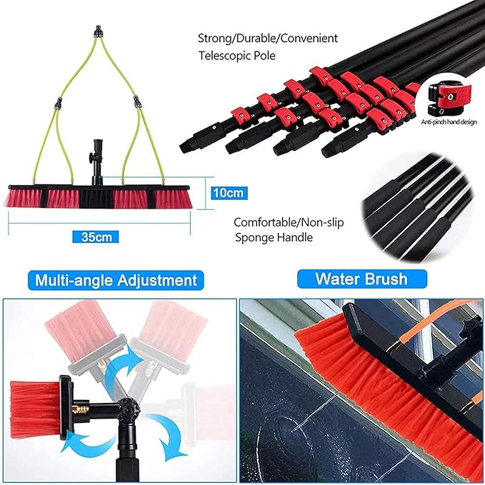 Telescopic Window Cleaning Pole with Water Fed Brush - Extendable Solar Panel Cleaner Tool for Outdoor Roof Washing - 3-11M with 50cm Brush Head - 6m/19.6ft Reach
