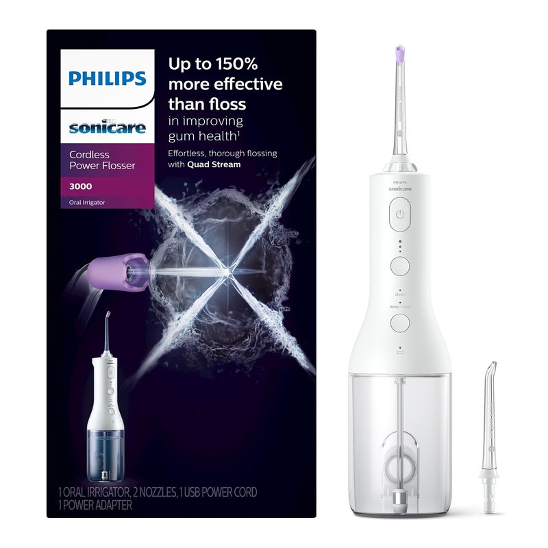 Philips Sonicare Cordless Power Flosser 3000 - Water Flosser with Innovative Quad Stream Technology, Oral Irrigator with 2 Flossing Modes and 3 Pressure Levels, IPX7 Waterproof, White, HX3826/21