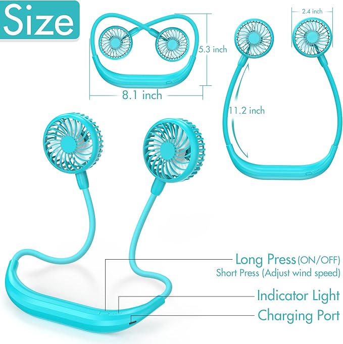 Portable Neck Fan, 2600mAh Battery Operated Sport Fan Ultra Quiet Hands Free USB Fan with 3 Speeds, Strong Wind, 360° Adjustable High Flexibility Wearable Personal Fan for Office Outdoor Travel (Cyan)