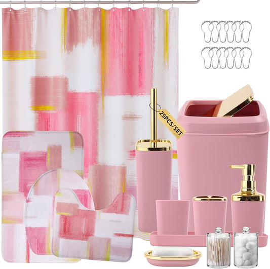 XLHOMO Bathroom Set - Elegant Pink & Gold Accessories with Shower Curtain, Rugs & Dispenser
