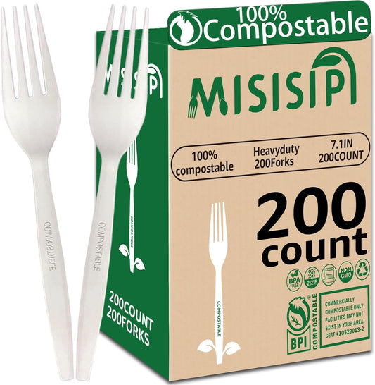 MISISIPI 100% Compostable Heavy-Duty Forks - Eco-Friendly Biodegradable Tableware Set | 200 Pcs for Parties & Events