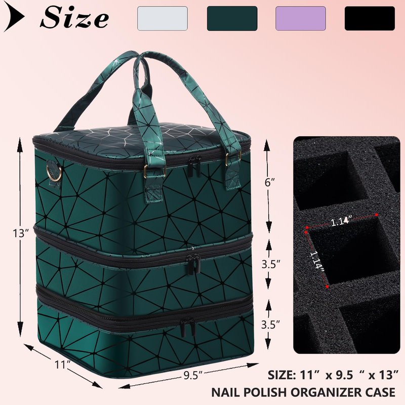 FCQQYWZ Large Nail Polish Organizer Case Hold 84+ Bottles Nail Polish & Nail Lamp, 3 Layers Nail Organizers and Storage for Nail Tech with Divider, Travel Carrying Case(Green)