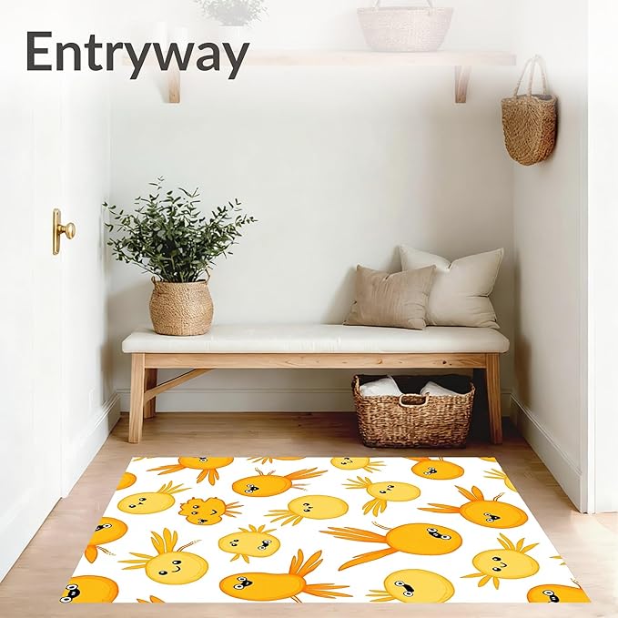 Flatwoven High Traffic Area Rug 8, Cheerful Pond Creatures Design with Playful Graphics, Non Slip, Stain Resistant, Washable Area Rugs for Living Room, Bedroom (Yellow, 8)