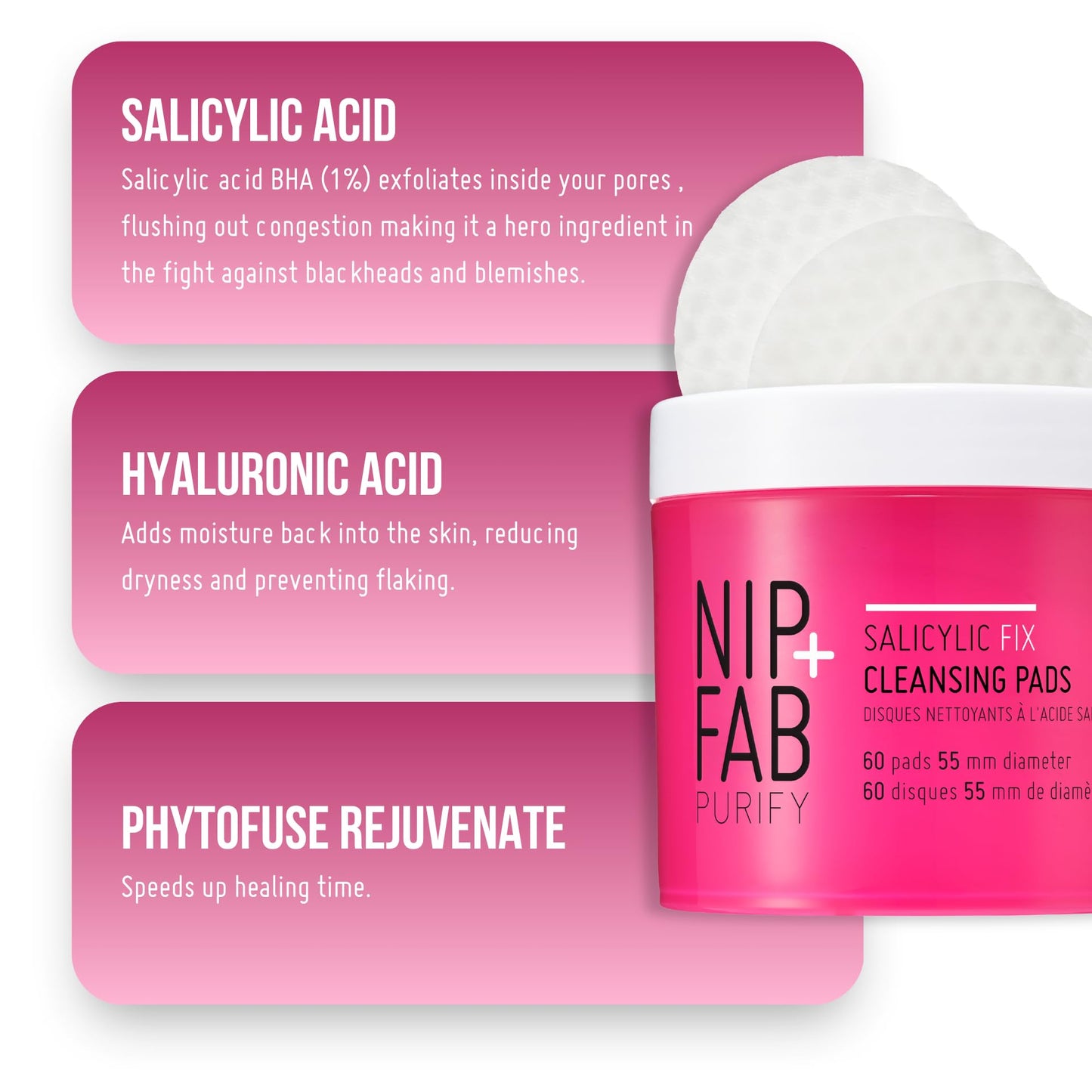 Nip + Fab Salicyclic Fix Night Pads for Face with Hyaluronic Acid, Exfoliating Facial Pad BHA Exfoliant for Skin Hydration Acne Breakouts and Blemishes, 60 Pads, 2.7 Ounce