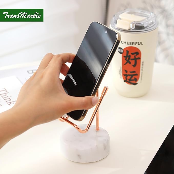 TransMarble Marble Phone Stand with Metal Holder, Charging Available While Using, Swipe Up to Unlock, Made of Natural Marble as Business Card Holder for Office Desk (Starry White + Rose Gold)