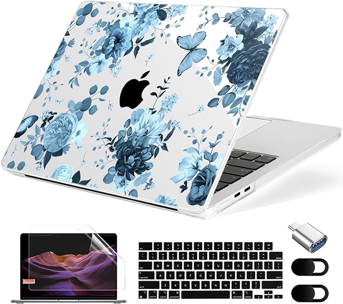 MecBevia Compatible with MacBook Air 13.6 inch Case, M4 A3240/M3 A3113/M2 A2681 (Released 2025 to 2022), Hard Shell, Keyboard Cover, Screen Protector, Webcam Cover & Type-C Adapter, Blue Flowers
