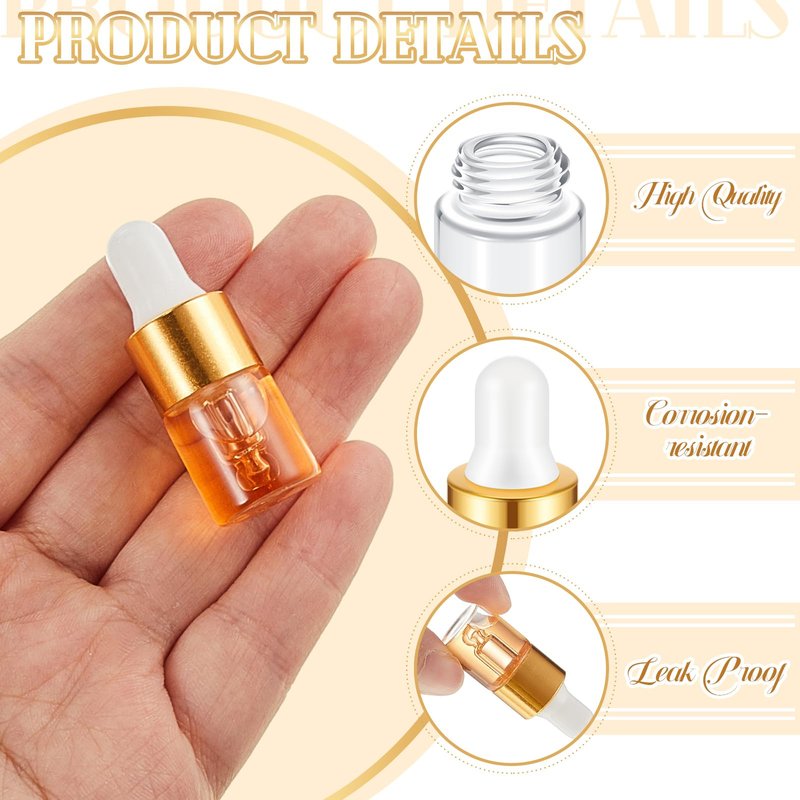 Didaey 100 Pcs 2 ml Mini Glass Oil Dropper Bottle Bulk, Clear Essential Small Empty Bottles Sample Containers Perfume Liquid Vials with Cap for Traveling(2 ml, Gold)