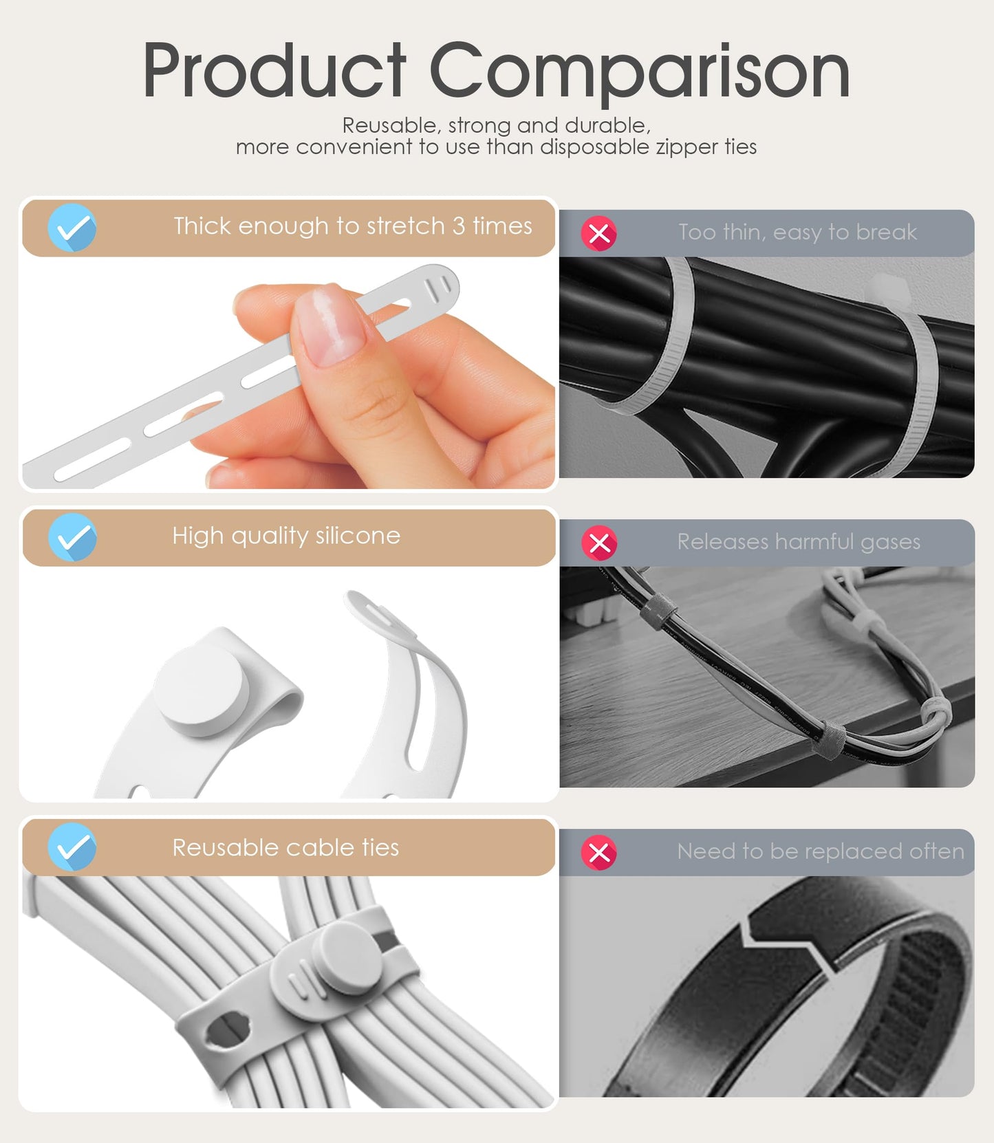 20Pcs Nearockle Silicone Cable Ties, 5.12 Inch Adjustable Cord Organizer Reusable Zip Ties for Charging Cords Earphone Computer Wire, Office Desk Cable Management Travel Accessories(White)