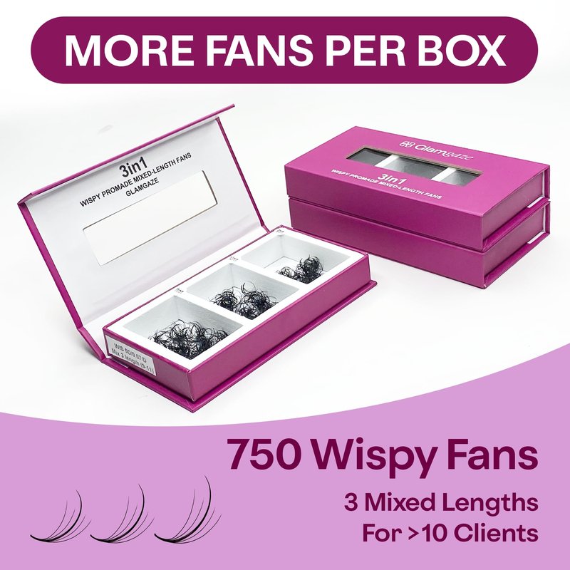GLAMGAZE 750 Wispy Promade Fans - 5D 7D 9D, C D CC Curl 0.05-0.07mm Thickness Mixed Length - Handmade Wispy Eyelash Extensions Loose Premade Lash Fans Soft Spikes Volume Lash (9D-0.05-C, 11/12/13)