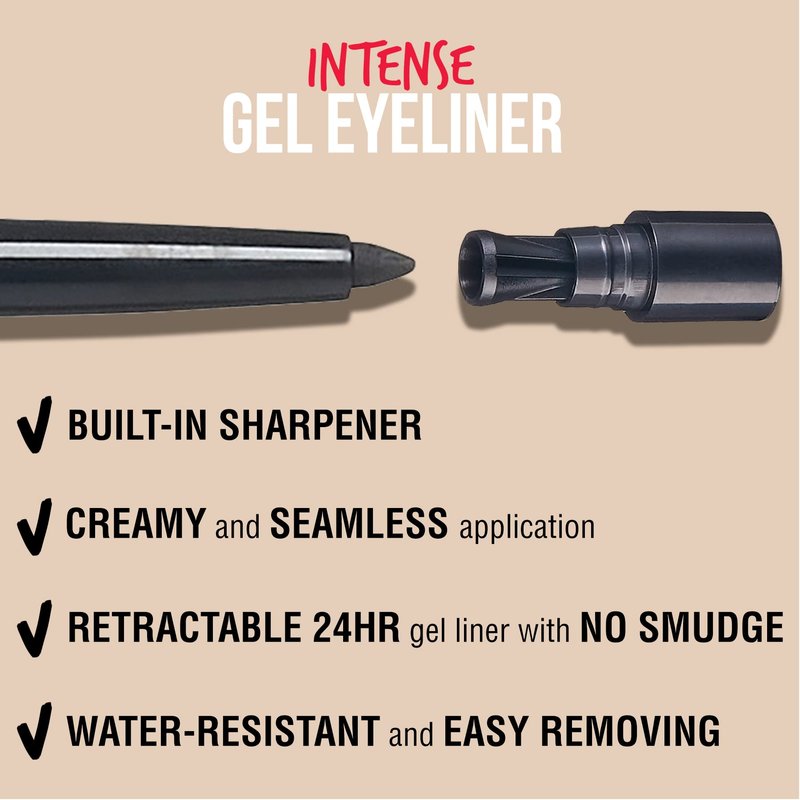Kiss NEW YORK Pro Intense Gel Eyeliner with Built-In Sharpener, Waterproof, Smudge-Proof, Long Lasting Gel Eyeliner Pencil (Black)