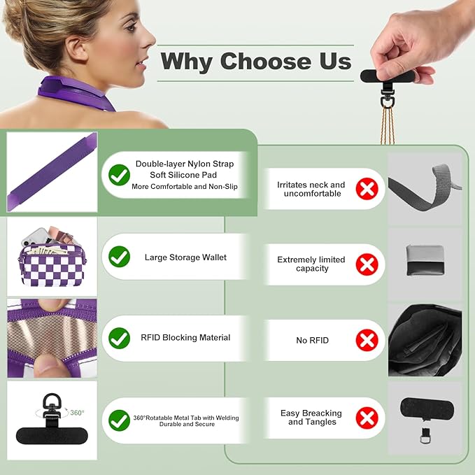 YFWE Clip and Go Strap for Phone with Wallet Crossbody, Adjustable Phone Lanyard with Detachable RFID Wristlet Wallet, Phone Strap with Phone Tabs for All Phones, Purple Checkered (M)